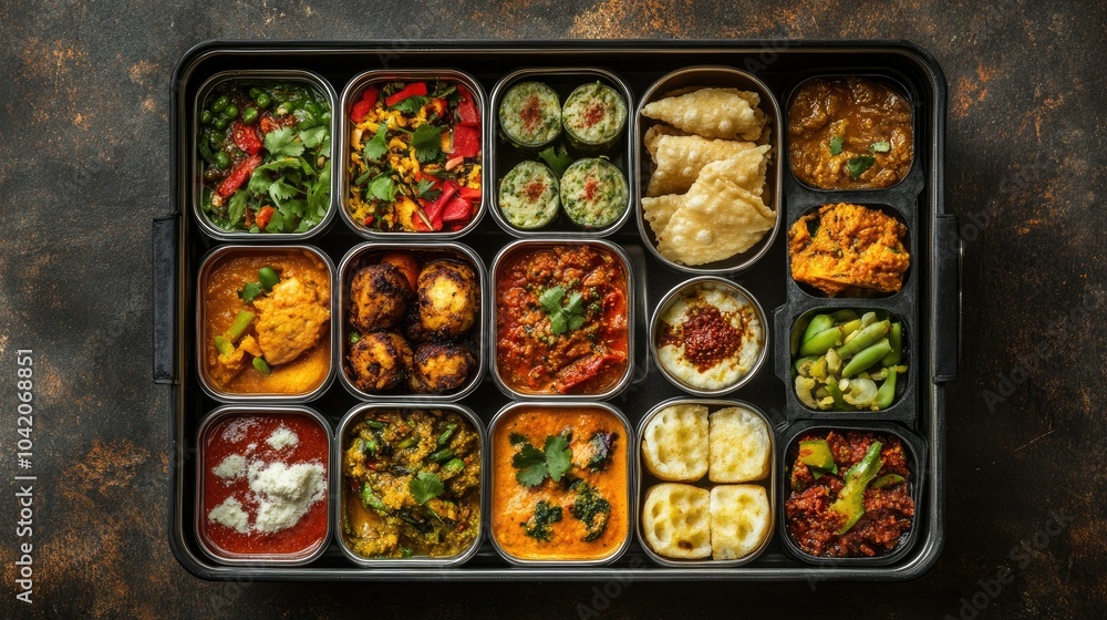 Overhead shot of a traditional Indian tiffin box, filled with colorful, fragrant dishes in neatly arranged compartments. Overhead shot of a traditional Indian tiffin box, filled with colorful, fragrant dishes in neatly arranged compartments.
