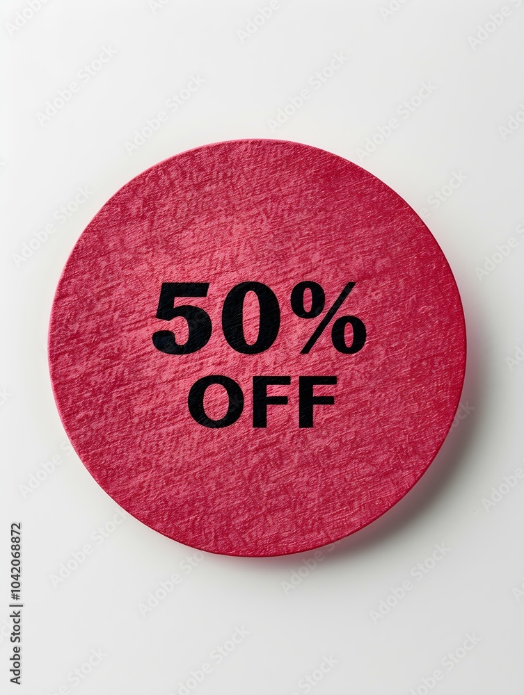 Black '50% OFF' Text on a Burgundy Round Paper Note. White Background Black '50% OFF' Text on a Burgundy Round Paper Note. White Background