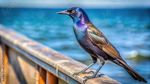 Common grackle bird perched on a fishing pier railing