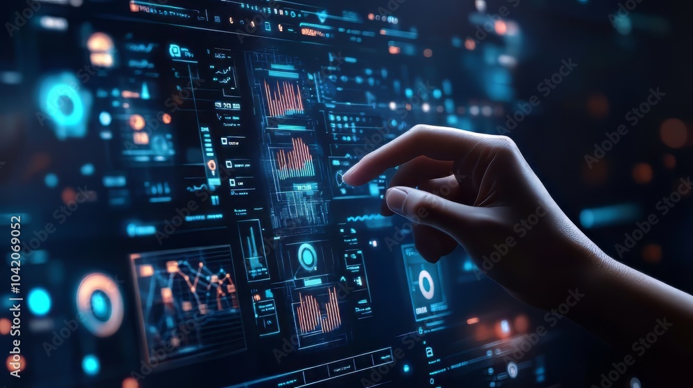 Big data in hud and icon ui with hand selecting and pressing big data symbol and modern interface. Big Data. Ultra realistic. Photorealistic Big data in hud and icon ui with hand selecting and pressing big data symbol and modern interface. Big Data. Ultra realistic. Photorealistic