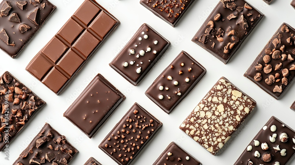 Overhead shot of chocolate bar snack packaging designs, displayed on a clean white surface for branding mockups. Overhead shot of chocolate bar snack packaging designs, displayed on a clean white surface for branding mockups.