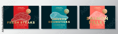 Beef and Salmon Steak, Chicken Leg Vector Packaging Label Design Templates Set. Product Banner, Hand Drawn Meat, Fish and Poultry Sketches. Food Background Layout with Gold Foil Isolated