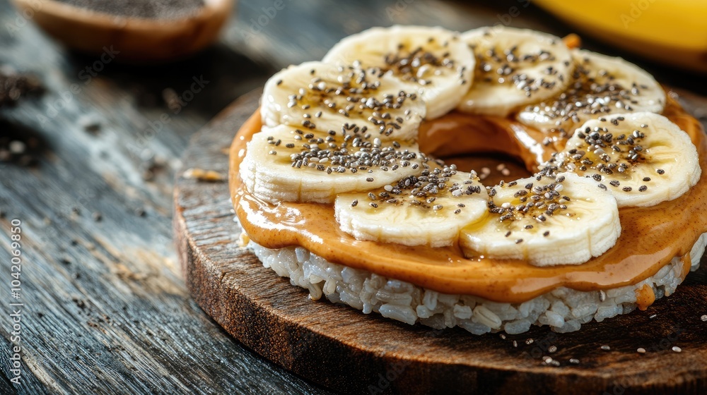 Peanut butter spread on a rice cake, with slices of banana and a sprinkle of chia seeds, promoting a healthy snack idea. Peanut butter spread on a rice cake, with slices of banana and a sprinkle of chia seeds, promoting a healthy snack idea.