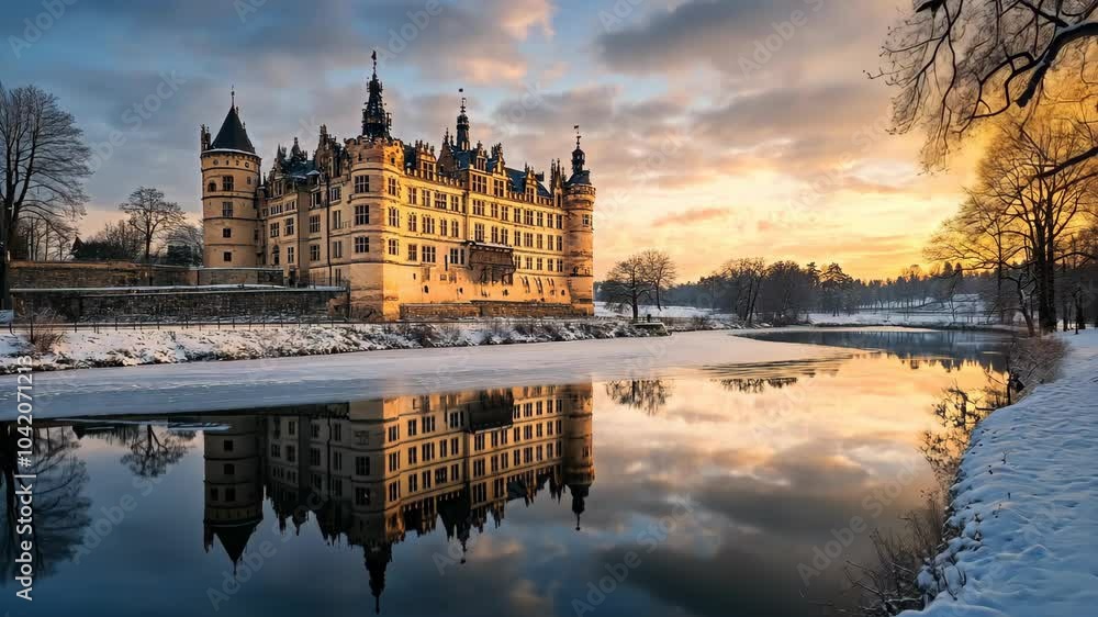 A majestic castle reflects in the icy water of a river during a winter sunset