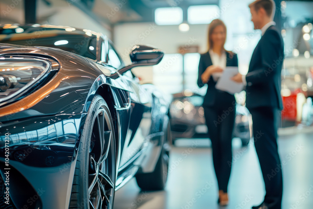 Consultant at car dealership shows car to buyer Consultant at car dealership shows car to buyer