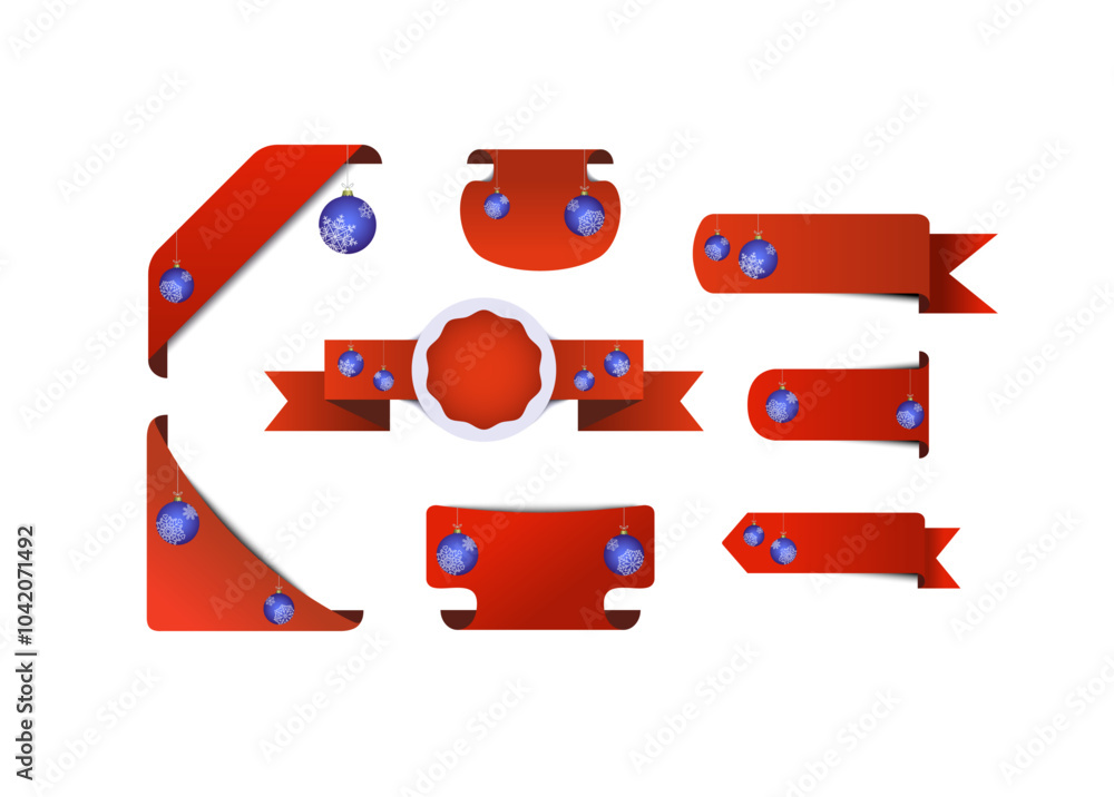 Fototapeta premium Red christmas ribbon label set with blue baubles, snowflakes vector. 3d sticker vector set to use for christmas sale, promotion, web offer, badge, discounted price tag, christmas card, holiday offer.