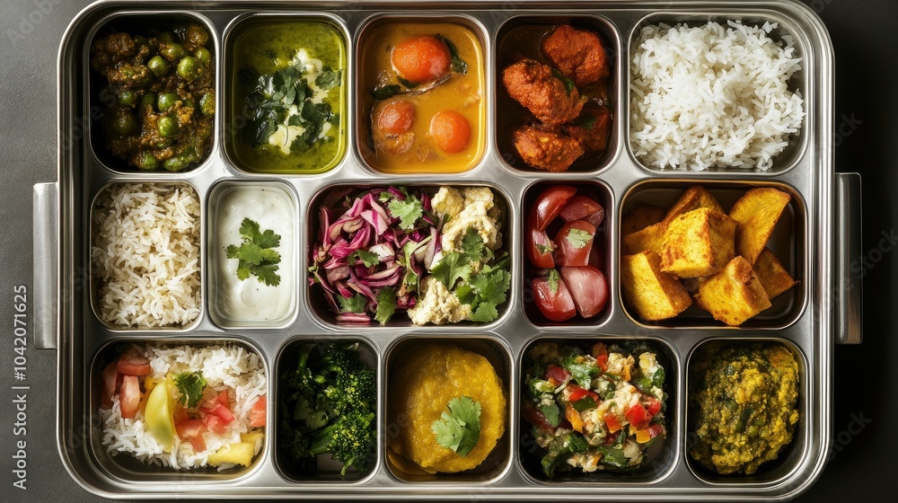 Overhead view of a traditional Indian lunchbox, with compartments packed with colorful and fragrant dishes, representing the variety of Indian flavors. Overhead view of a traditional Indian lunchbox, with compartments packed with colorful and fragrant dishes, representing the variety of Indian flavors.