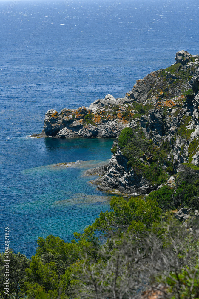 Fototapeta premium Sunny day on wild coast Porquerolles Island, Bluff and sea, France, High quality photo