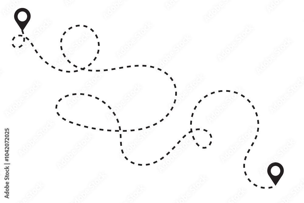 Route icon two points with dotted line path and location pin. Travel from start point and end point journey symbol. black color vector illustration isolated on white background.
Route icon two points with dotted line path and location pin. Travel from start point and end point journey symbol. black color vector illustration isolated on white background.