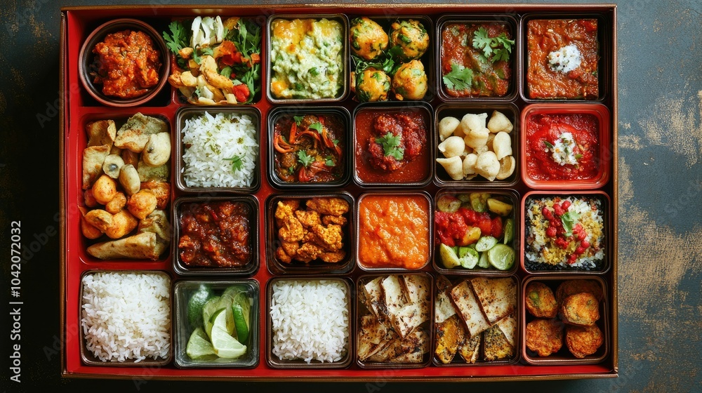 Overhead view of a vibrant traditional Indian lunchbox filled with rich, flavorful dishes, each compartment packed with aromatic delights. Overhead view of a vibrant traditional Indian lunchbox filled with rich, flavorful dishes, each compartment packed with aromatic delights.