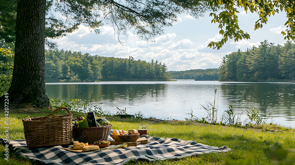 Fototapeta premium peaceful lakeside picnic with checkered blanket, featuring baskets filled with food, surrounded by lush greenery and serene lake view. calm water reflects beautiful sky, creating tranquil atmosphere