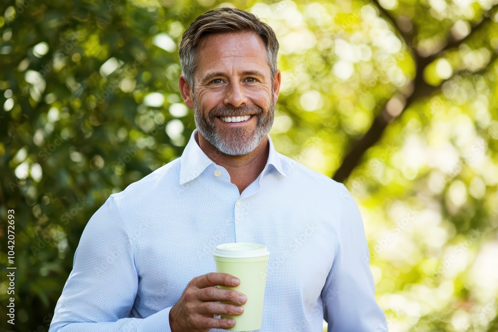 Smiling man holding a coffee cup outdoors with greenery in the background. Smiling man holding a coffee cup outdoors with greenery in the background.
