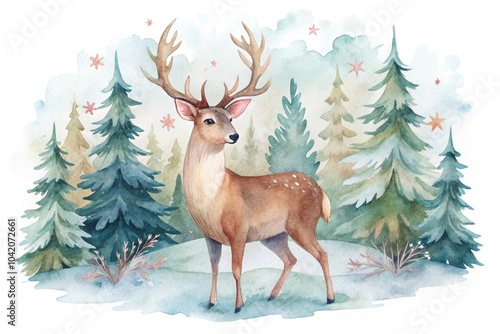 Watercolor forest deer illustration with Christmas theme