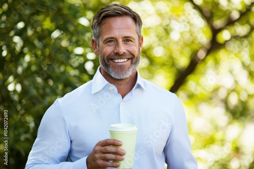Smiling man holding a coffee cup outdoors with greenery in the background.