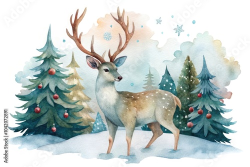 Watercolor forest deer illustration with Christmas theme