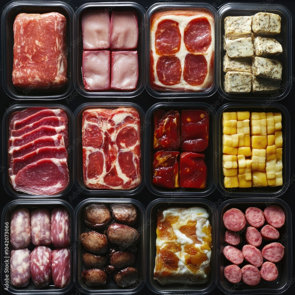 Packaged artificial meat products in various forms, viewed from a top-down perspective, highlighting different shapes and sizes Packaged artificial meat products in various forms, viewed from a top-down perspective, highlighting different shapes and sizes