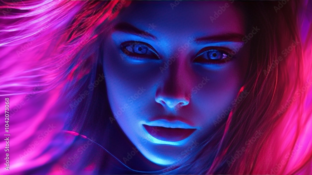 Young woman looking at the camera in the neon light of the club. Camera zoom. Portrait of a beautiful futuristic girl close-up. Lady in multicolor glow. Young woman looking at the camera in the neon light of the club. Camera zoom. Portrait of a beautiful futuristic girl close-up. Lady in multicolor glow.