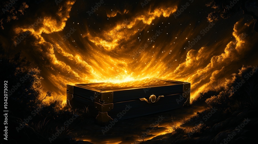Mysterious Glowing Chest in Fiery Cloudscape, Symbolizing Hidden Secrets and Fantasy Adventure Mysterious Glowing Chest in Fiery Cloudscape, Symbolizing Hidden Secrets and Fantasy Adventure