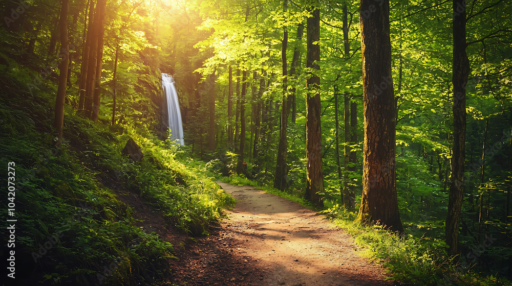 Obraz premium scenic hiking trail winding through dense forest with sunlight filtering through trees, leading to beautiful waterfall. lush greenery creates serene and peaceful atmosphere