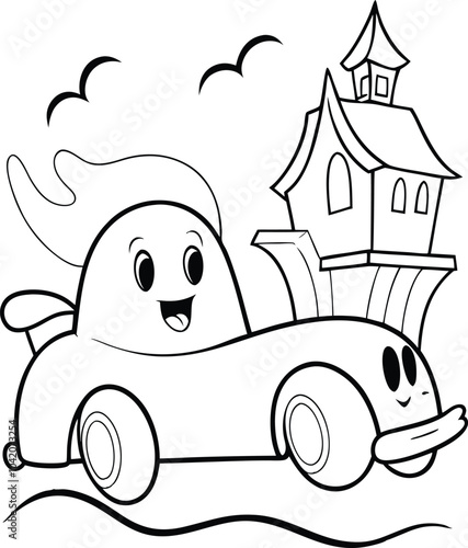 Cute ghost driving vintage car black line art coloring page, kids coloring book. Generative Ai