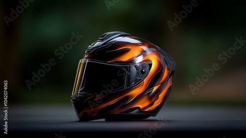 A black and orange motorcycle helmet with a flame design sits on a dark surface with a blurred green background. photo