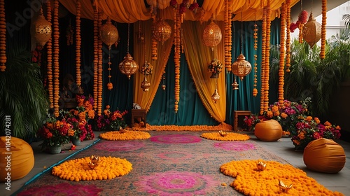 A Diwali-themed photo booth decorated with bright marigold garlands, hanging lanterns, and colorful rangoli patterns on the floor. The booth is equipped with traditional props like diyas, turbans, photo