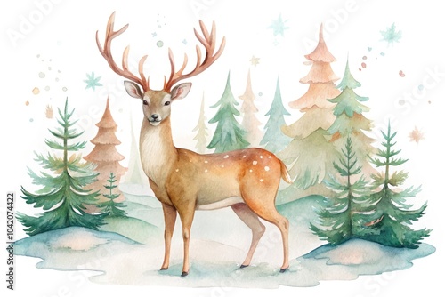 Watercolor forest deer illustration with Christmas theme