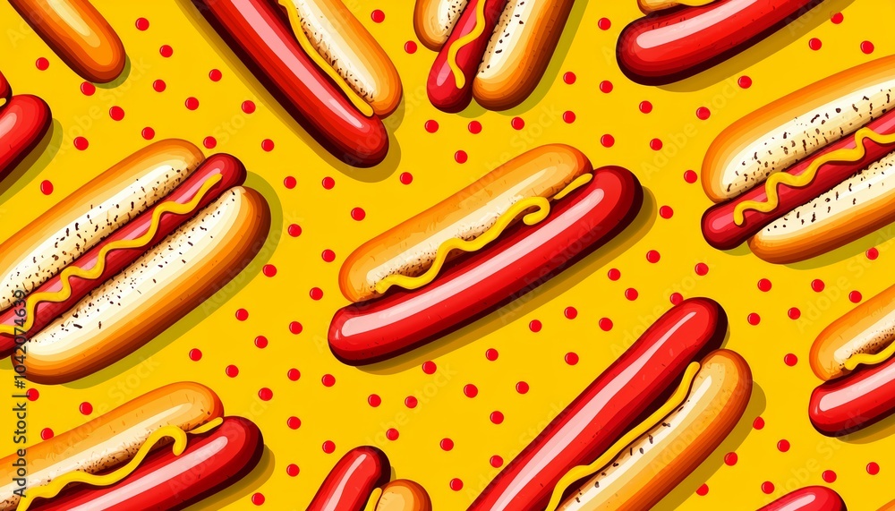 Colorful hot dogs pattern on a vibrant yellow background with playful polka dots. Colorful hot dogs pattern on a vibrant yellow background with playful polka dots.