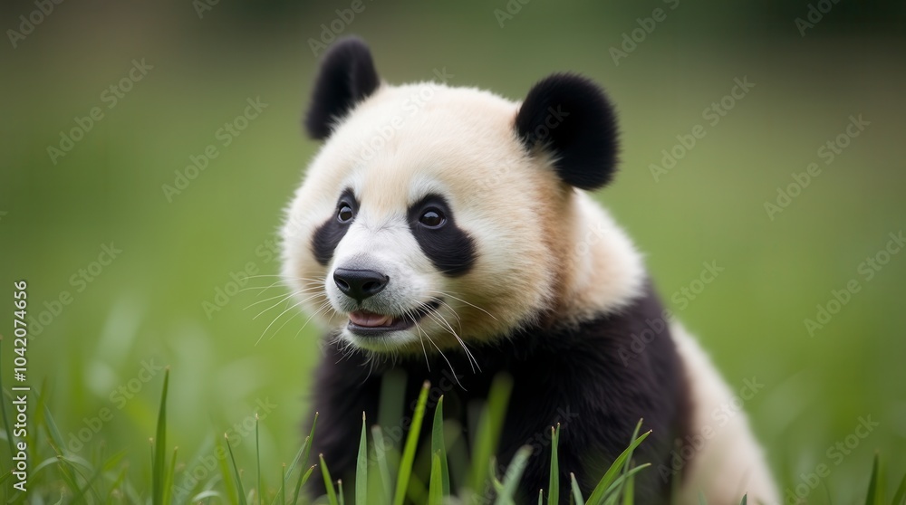 Obraz premium Close up of a pretty panda in the park beautiful panda bear in the grass portrait of a panda