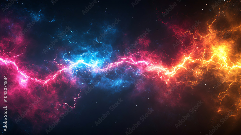 Fototapeta premium vibrant storm of colors with electric blue, fiery orange, and deep pink hues creates stunning visual effect against dark background, evoking sense of energy and dynamism