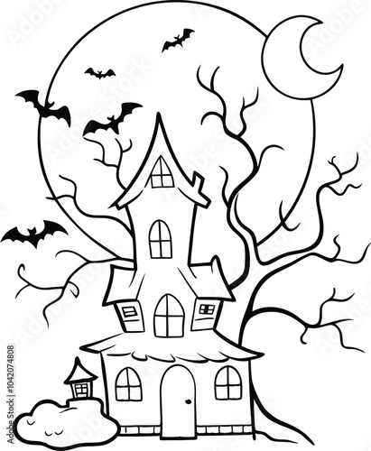 Spooky house tree with Bat line art coloring page, kids coloring book. Generative Ai