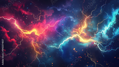 vibrant storm of colors bursts across dark background, showcasing electric hues of pink, blue, and yellow. This dynamic scene captures essence of energy and movement