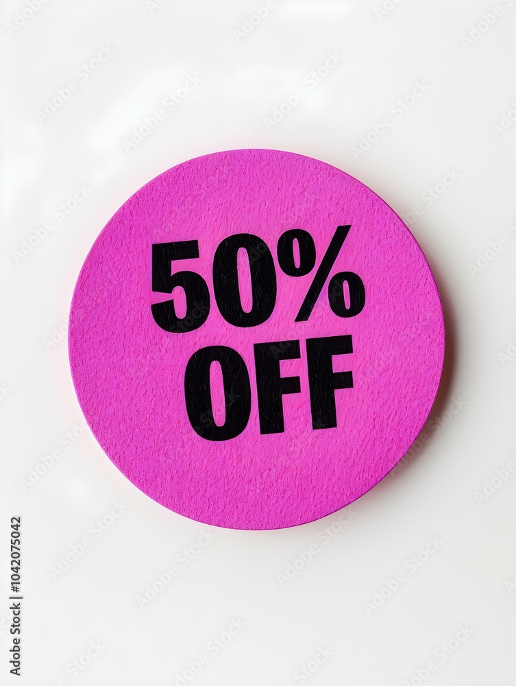 Black '50% OFF' Text on a Fuchsia Round Paper Note. White Background Black '50% OFF' Text on a Fuchsia Round Paper Note. White Background