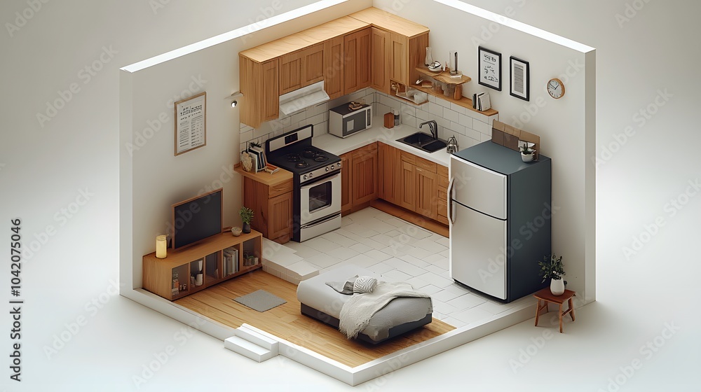 Fototapeta premium Compact loft house in 3D isometric render, highlighting modern architecture and open-concept interiors, clean white background