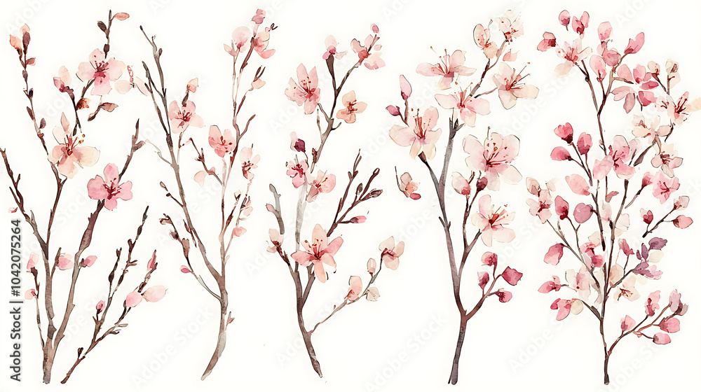 Fototapeta premium Delicate branches with small soft pink blossoms create serene and beautiful composition, perfect for spring themes and floral designs