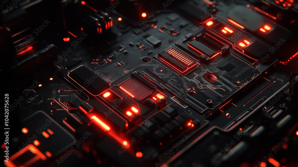Imagine a dark, polished surface that highlights glowing circuits, with a subtle gradient or slight blur in the background to emphasize the intricate design of the circuit board. Imagine a dark, polished surface that highlights glowing circuits, with a subtle gradient or slight blur in the background to emphasize the intricate design of the circuit board.