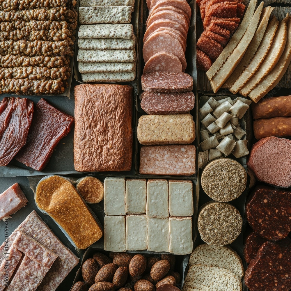Packaged plant-based meats, arranged in a top-down view to highlight different shapes, sizes, and textures for product diversity Packaged plant-based meats, arranged in a top-down view to highlight different shapes, sizes, and textures for product diversity