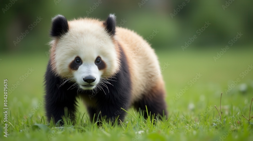 Fototapeta premium Close up of a pretty panda in the park beautiful panda bear in the grass portrait of a panda