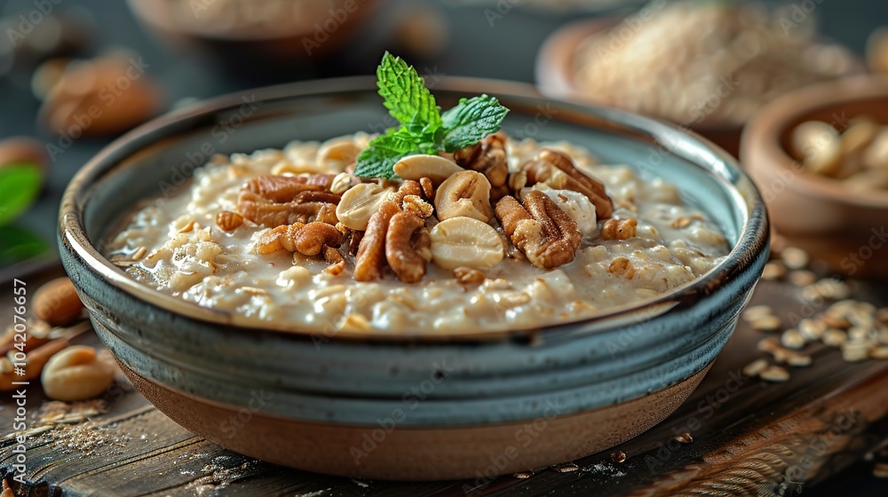 Delicious Oatmeal with Nuts and Mint: A Healthy Breakfast Delicious Oatmeal with Nuts and Mint: A Healthy Breakfast