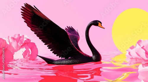 Vibrant Black Swan Amidst Abstract Pink Landscape and Sun Reflection photo