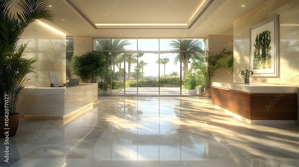 3D rendering of a modern office hall with sleek glass walls, polished floors, and bright lighting in a professional business setting 3D rendering of a modern office hall with sleek glass walls, polished floors, and bright lighting in a professional business setting