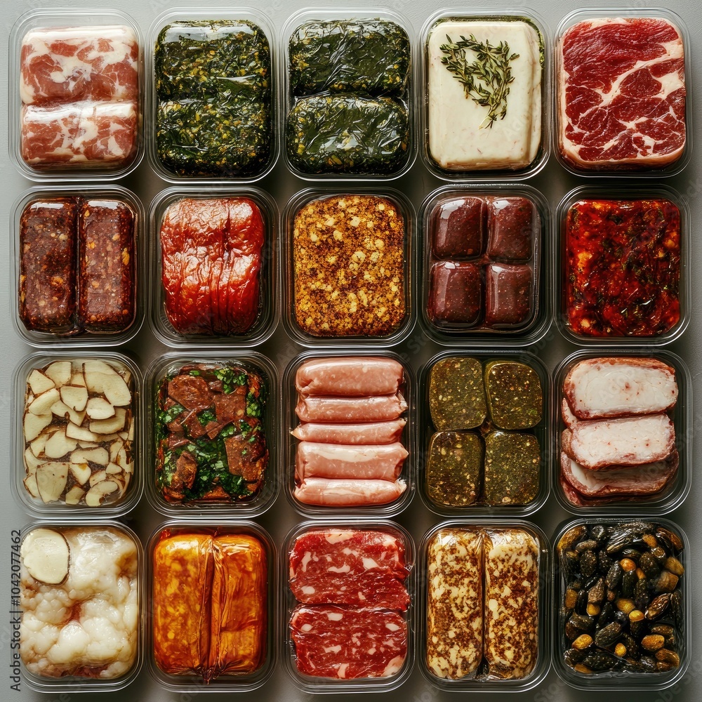 Packaged plant-based meats in various shapes and sizes, neatly arranged in a top-down view to showcase product variety Packaged plant-based meats in various shapes and sizes, neatly arranged in a top-down view to showcase product variety