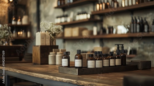 Natural skincare products displayed on wooden counter