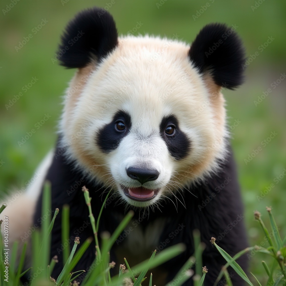 Fototapeta premium Close up of a pretty panda in the park beautiful panda bear in the grass portrait of a panda