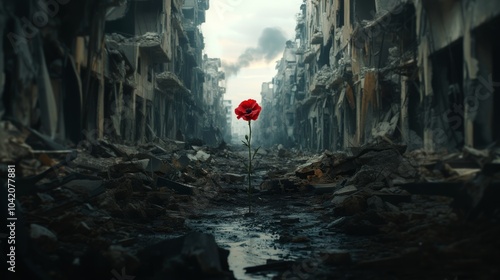 A red carnation blooming among the war ruins