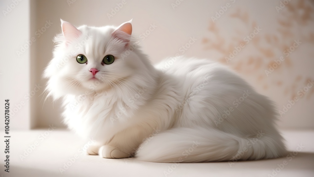 Obraz premium Beautiful white cat sitting calmly in a quiet room