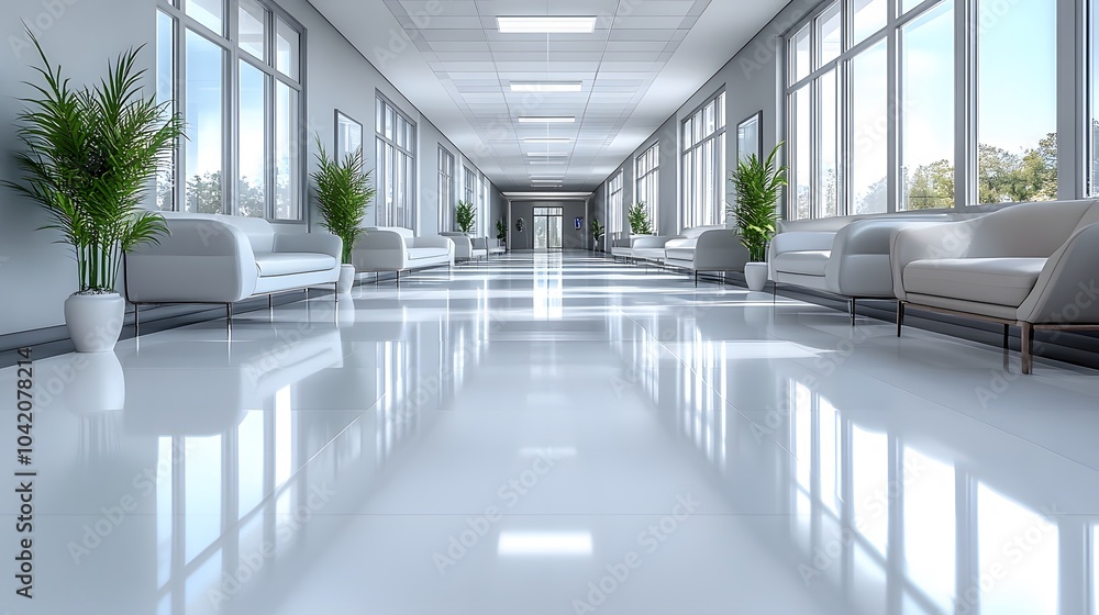 Corporate office lobby with polished floors, large windows, and sleek design, 3D rendered in a modern business setting Corporate office lobby with polished floors, large windows, and sleek design, 3D rendered in a modern business setting