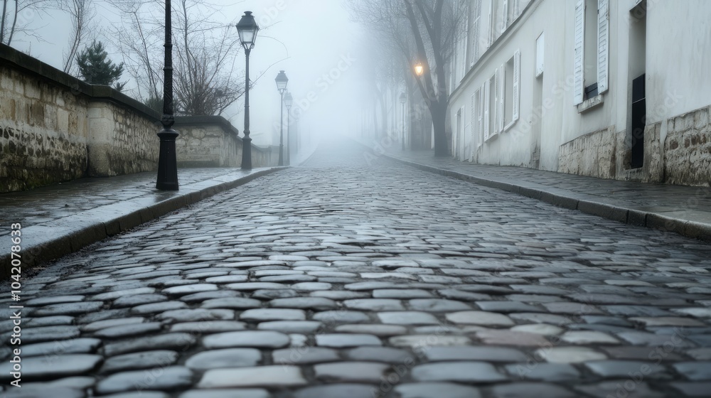 A charming cobblestone street in Paris enveloped in fog