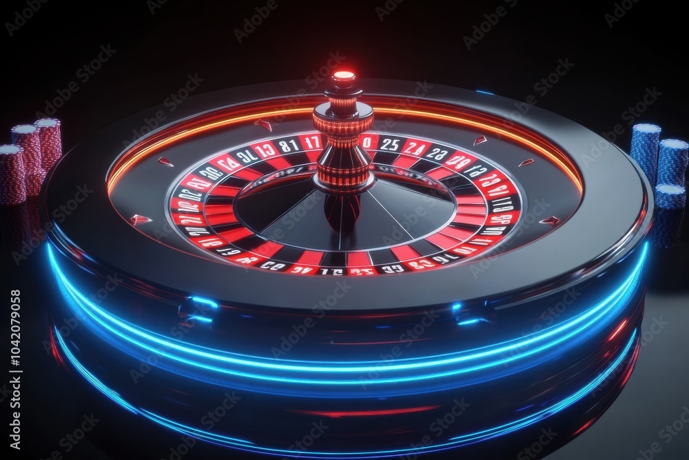 The roulette table gleams with neon numbers while players eagerly await the outcome of their bets in a bustling casino atmosphere. Generative AI The roulette table gleams with neon numbers while players eagerly await the outcome of their bets in a bustling casino atmosphere. Generative AI