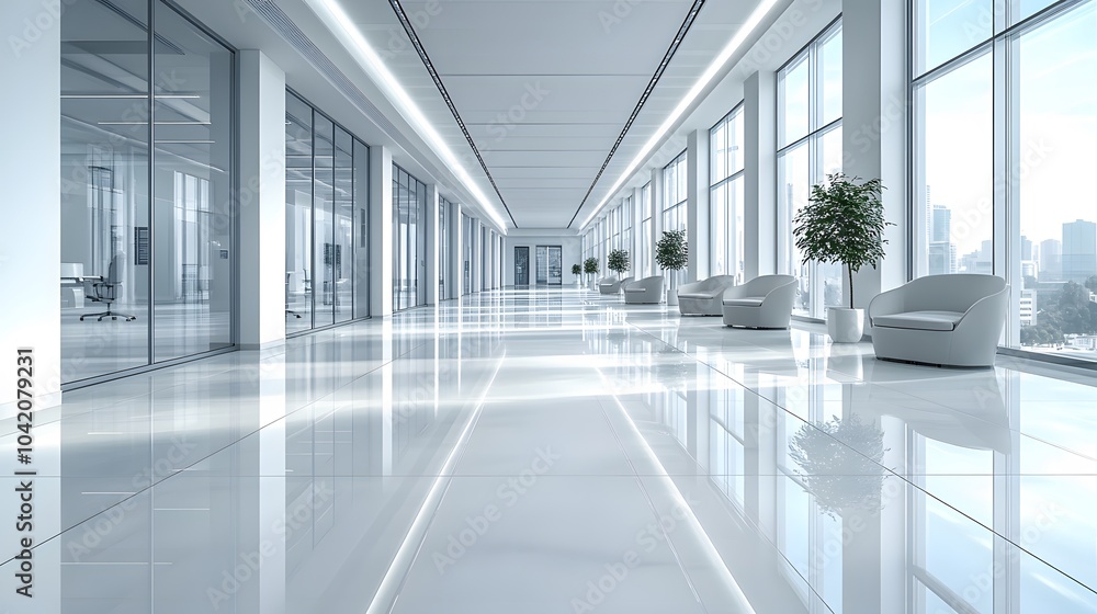 Fototapeta premium 3D rendering of a modern business hall with glass partitions, polished floors, and professional decor